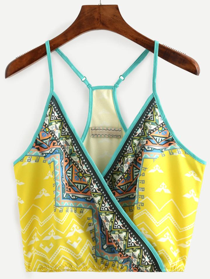 Romwe Yellow Tribal Print Surplice Front Cami Top