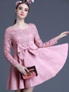 Romwe Pink Round Neck Long Sleeve Hollow Crochet Bow Dress