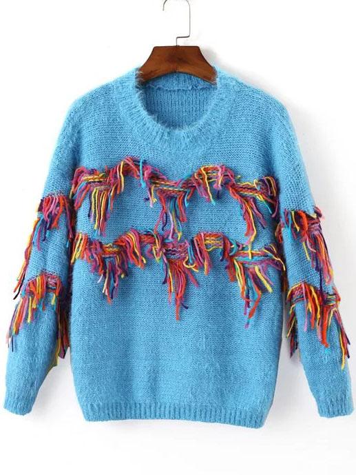 Romwe Blue Rope Detail Crew Neck Knitwear