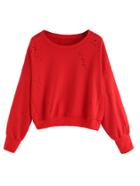 Romwe Red Distressed Drop Shoulder Seam Sweatshirt