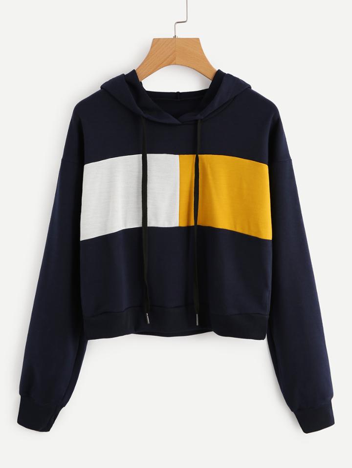 Romwe Contrast Panel Crop Hoodie
