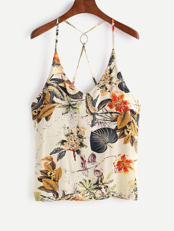 Romwe Tropical Print Metal Ring Halter Top