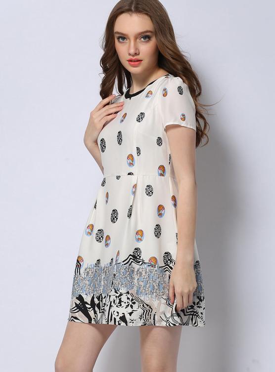 Romwe Round Neck Abstract Print Flare Dress