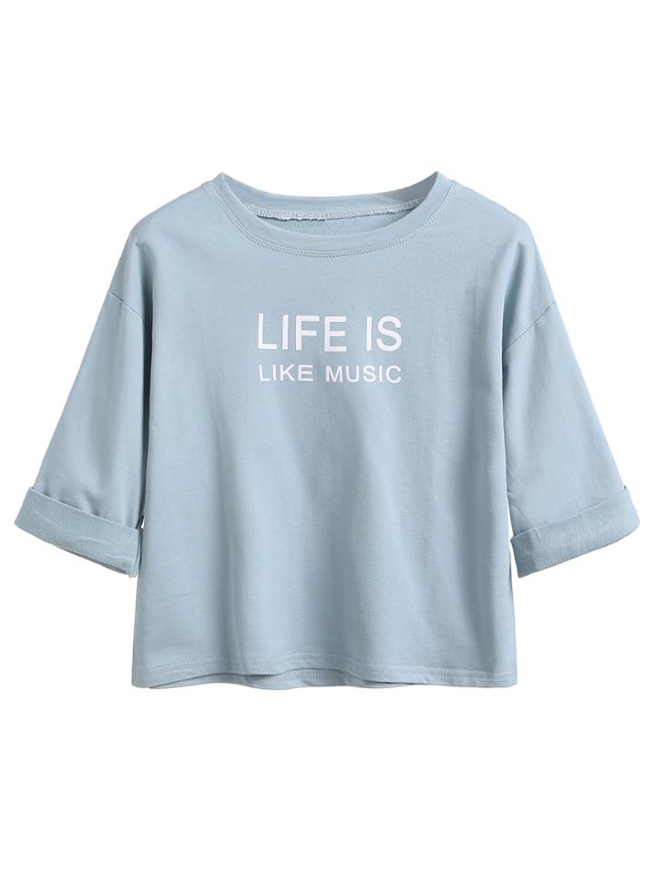 Romwe Light Blue Sentence Print Roll Sleeve T-shirt