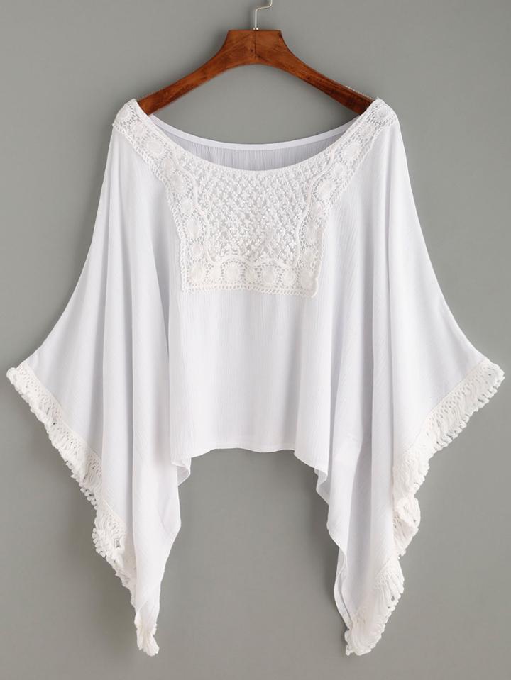 Romwe White Crochet Insert Fringe Trim Poncho Blouse