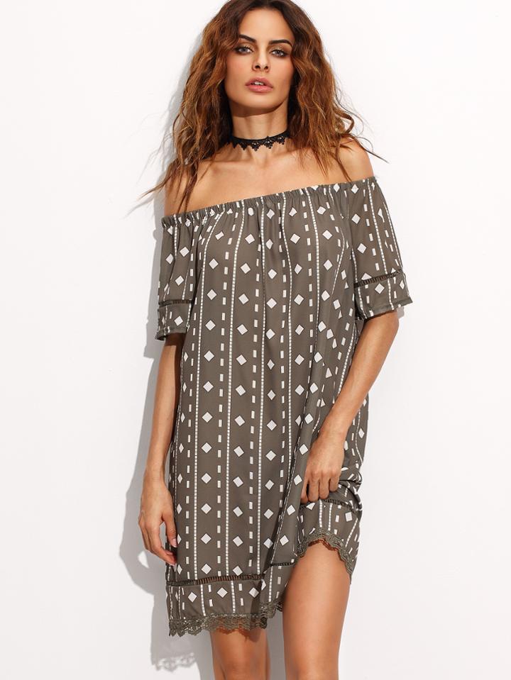 Romwe Army Green Off The Shoulder Geometric Print Lace Trim Dress