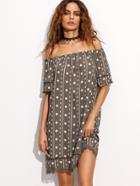 Romwe Army Green Off The Shoulder Geometric Print Lace Trim Dress