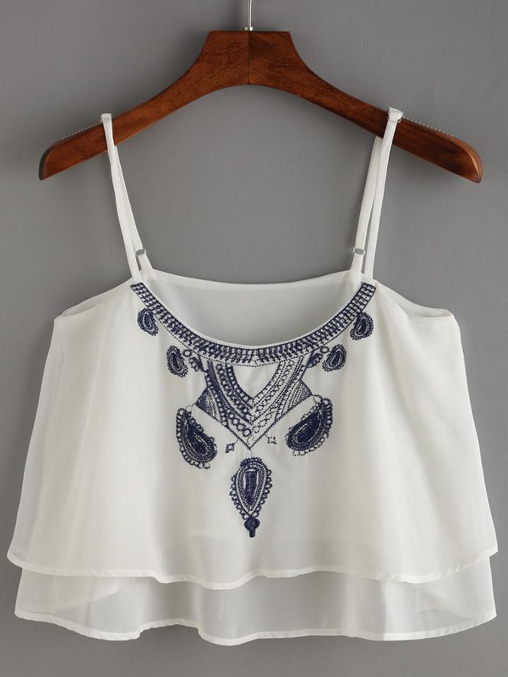 Romwe Spaghetti Strap Embroidered Chiffon Cami Top