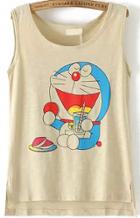 Romwe Dip Hem Doraemon Print Khaki Tank Top