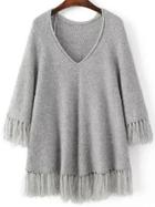 Romwe Grey V Neck Fringe Trim Oversized Sweater