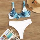 Romwe Random Palm Print Top With High Cut Bikini Set