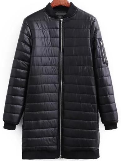 Romwe Black Zipper Up Long Padded Jacket