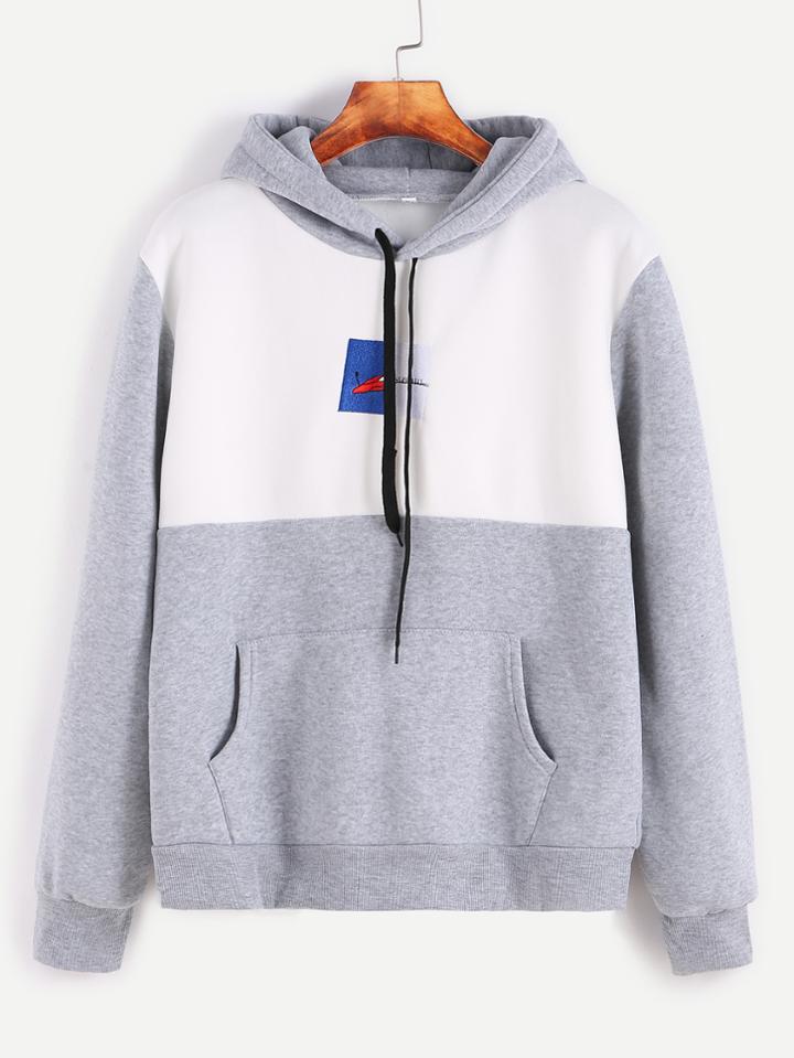 Romwe Grey Contrast Embroidered Drawstring Hooded Pocket Sweatshirt