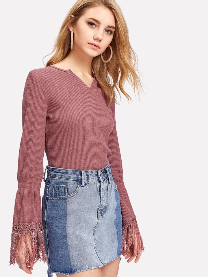 Romwe Fringe Sleeve V Neck Tee