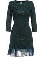 Romwe Dark Green Round Neck Long Sleeve Embroidered Dress