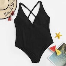Romwe Plus Criss Cross Low Back One Piece Swimsuit