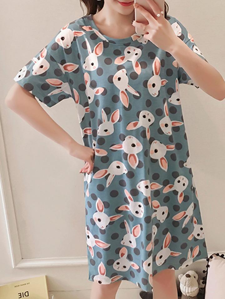 Romwe Rabbit Print Polka Dot Night Dress