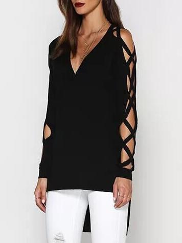 Romwe Black Cutout Lattice Sleeve High Low T-shirt