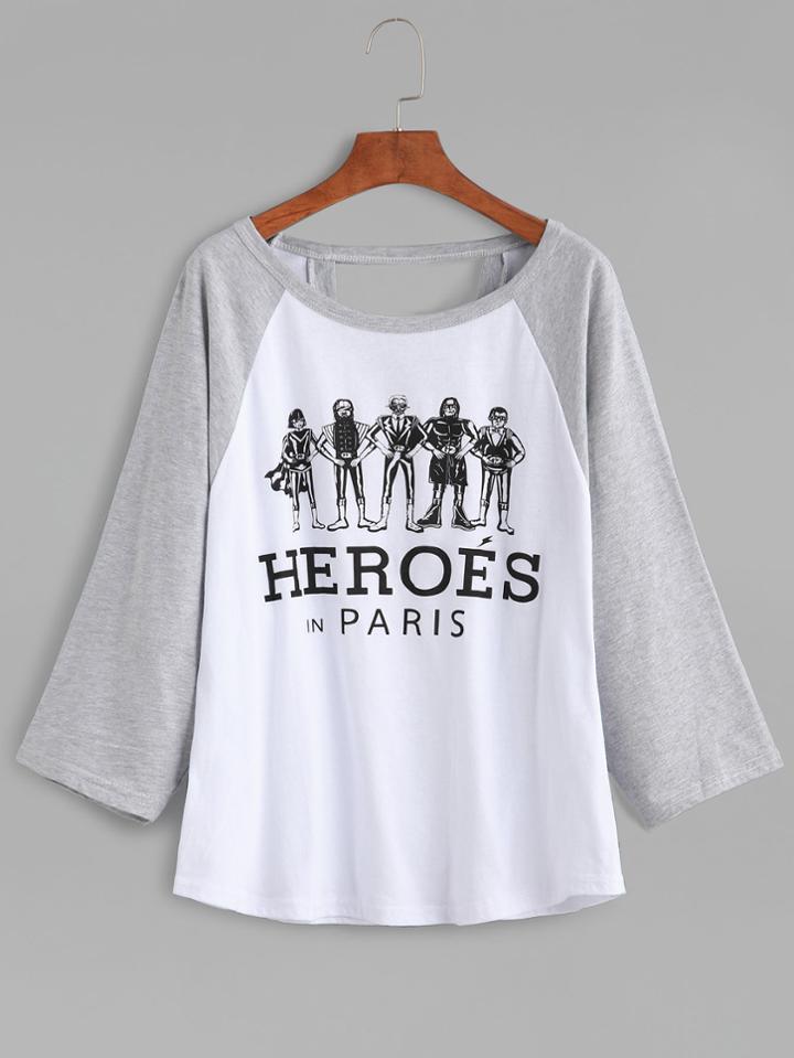 Romwe Contrast Raglan Sleeve Cartoon Print Cutout T-shirt
