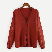 Romwe Plus Solid Button V Neck Sweater Coat