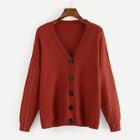Romwe Plus Solid Button V Neck Sweater Coat