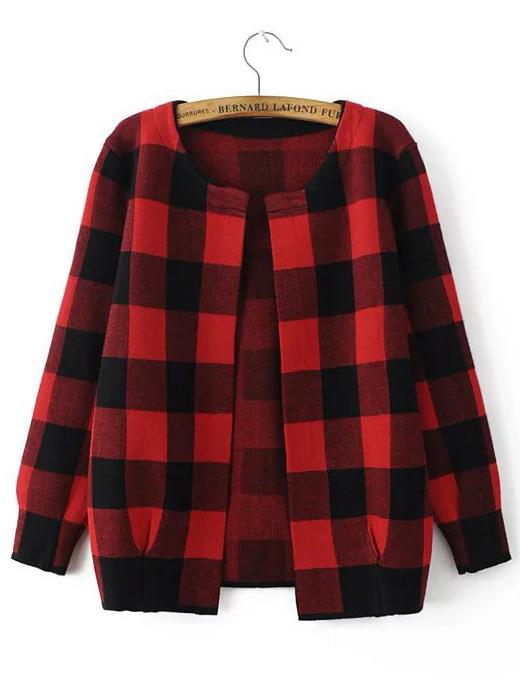 Romwe Red And Black Checkered Open Front Cardigan