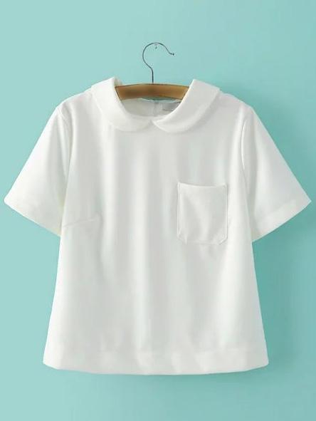 Romwe White Peter Pan Collar Zipper Back Short Sleeve Blouse