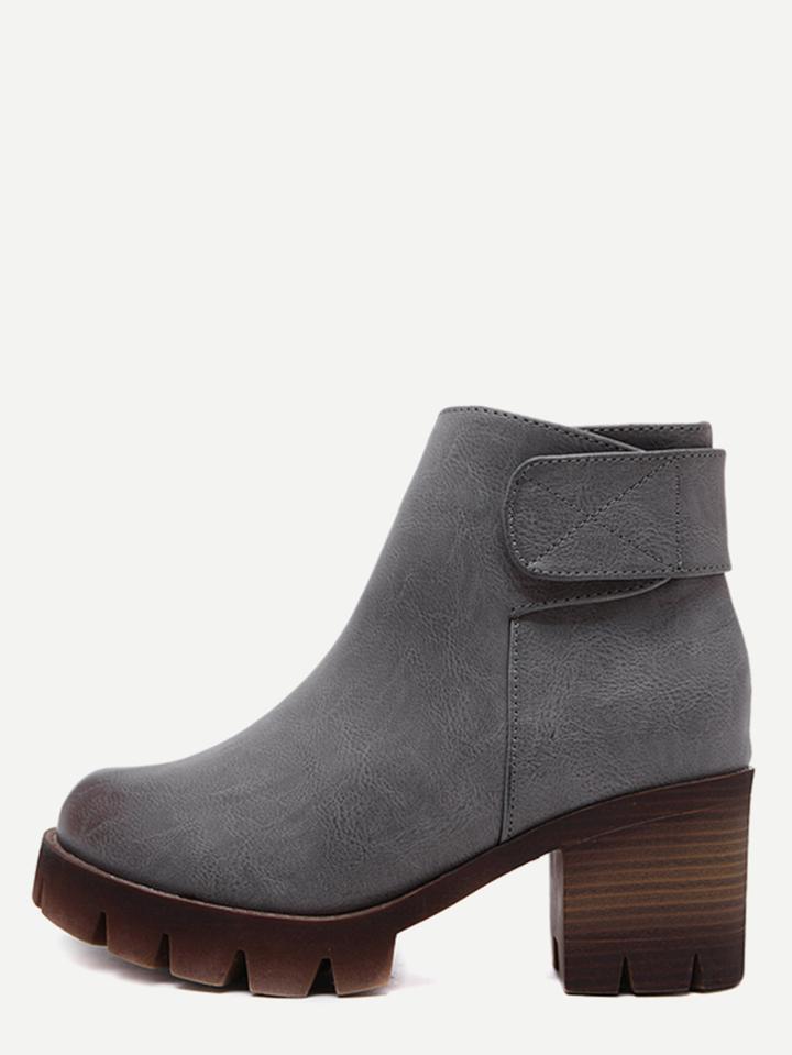 Romwe Grey Faux Leather Ankle Velcro Cork Heel Boots