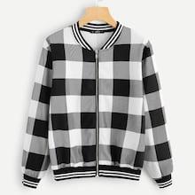 Romwe Striped Trim Checked Bomber Jacket