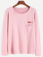 Romwe Pink Button Embellished Pocket Front T-shirt