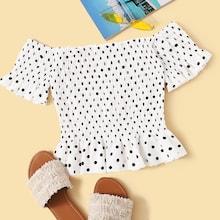 Romwe Polka Dot Off The Shoulder Shirred Peplum Blouse