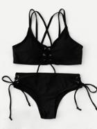 Romwe Eyelet Lace Up Strappy Back Bikini Set