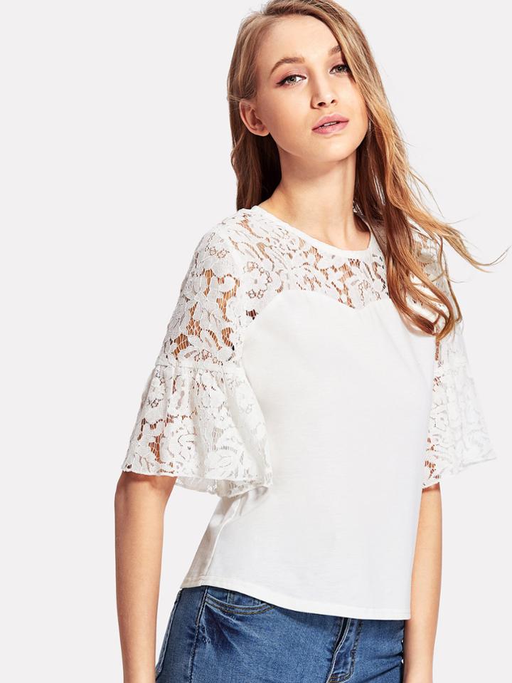 Romwe Flounce Sleeve Lace Yoke Blouse