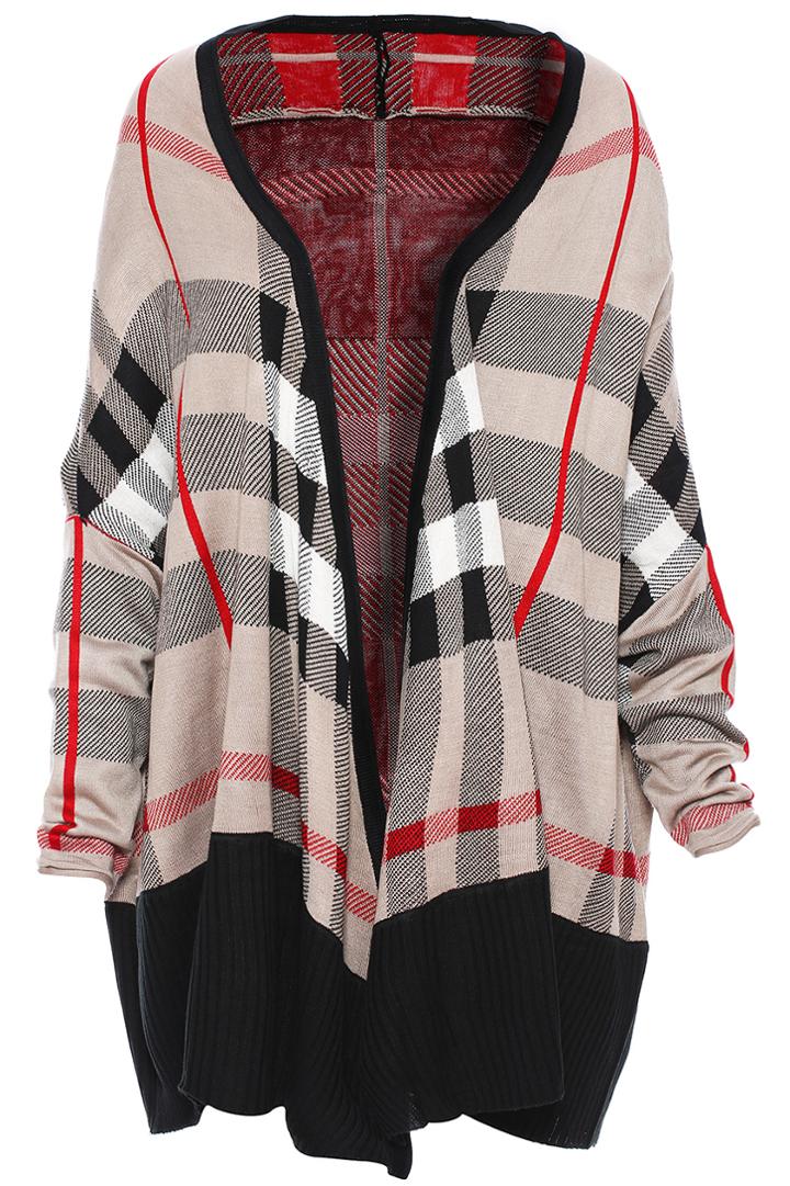 Romwe Plaid Asymmetric Knitted Cardigan