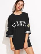 Romwe Black Letters Print Varsity Stripe T-shirt Dress