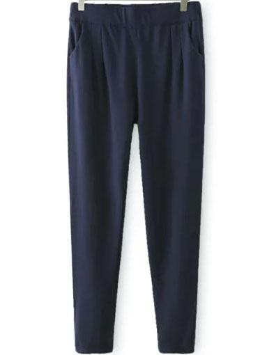 Romwe Elastic Waist Slim Navy Pant
