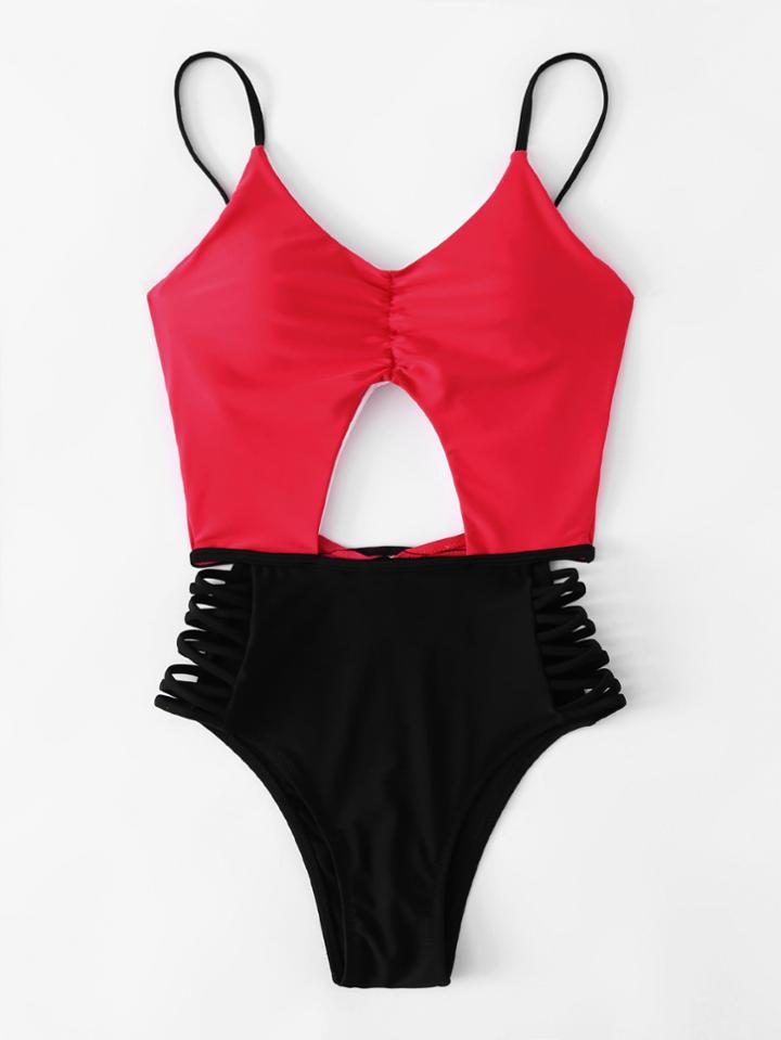 Romwe Two Tone Ladder Cutout Swimsuit