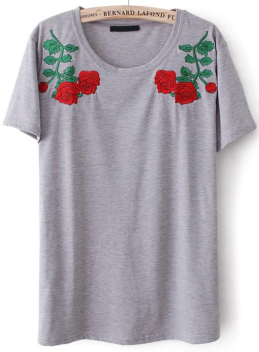 Romwe Rose Embroidered Grey T-shirt