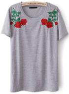 Romwe Rose Embroidered Grey T-shirt