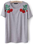 Romwe Rose Embroidered Grey T-shirt