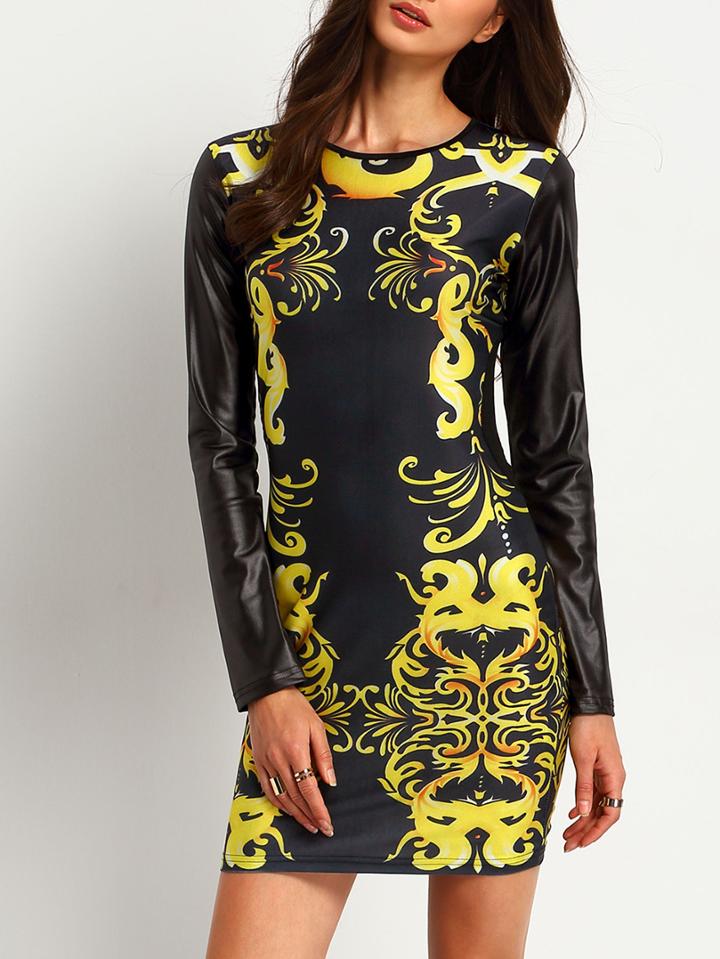 Romwe Crew Neck Print Bodycon Dress