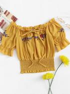 Romwe Floral Embroidered Tie Neck Pleated Hem Top