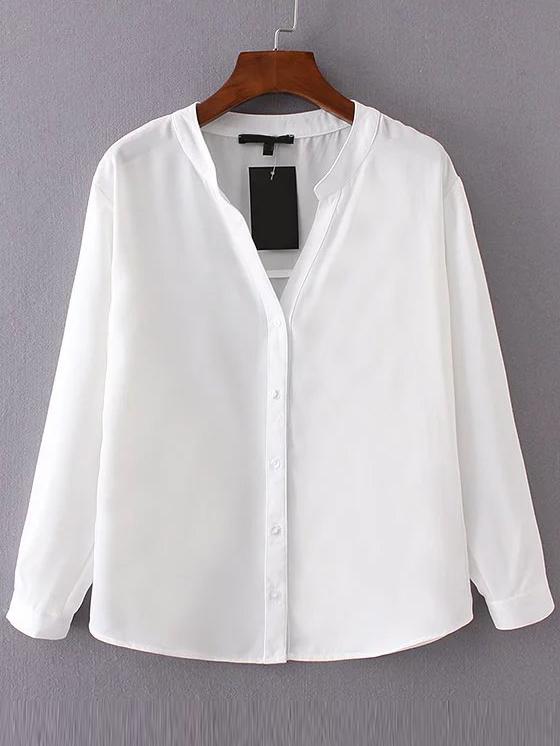 Romwe White V Neck Button Up Blouse