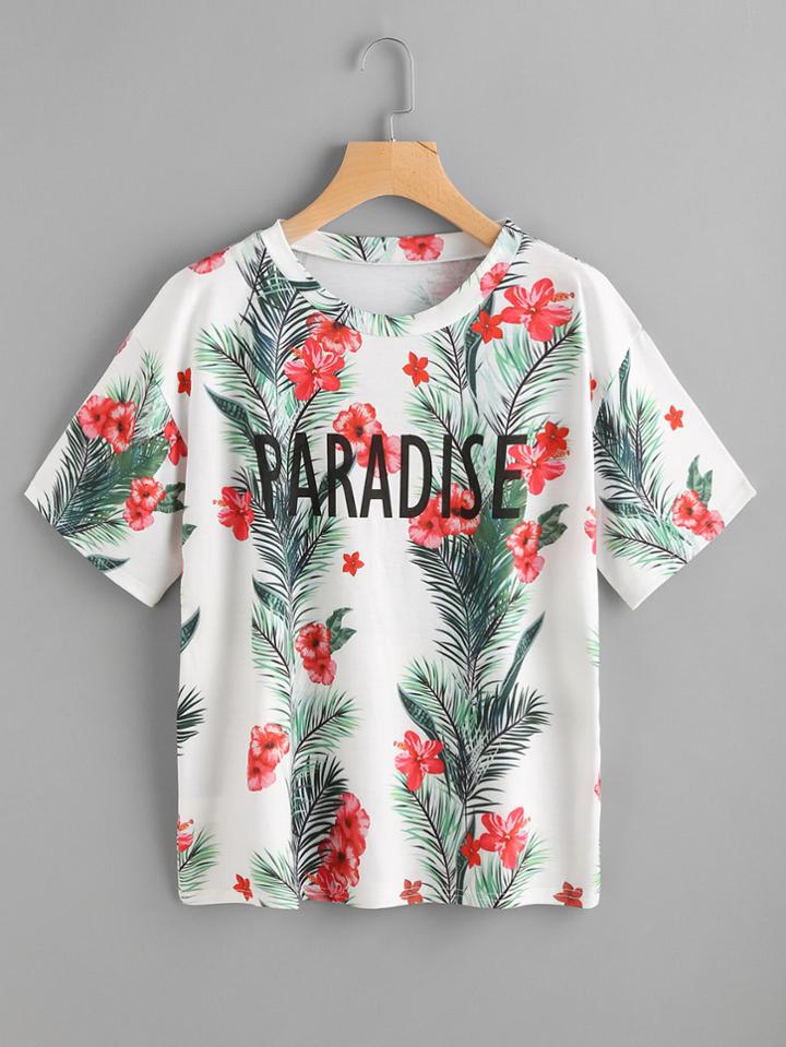 Romwe Letter And Tropical Print T-shirt