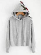 Romwe Embroidered Rose Applique Hoodie