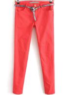 Romwe Pockets Red Pencil Pant With Belt