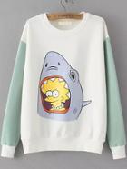 Romwe Shark Print Color-block Sweatshirt
