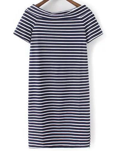 Romwe Navy Striped Short Sleeve Sheath Dress