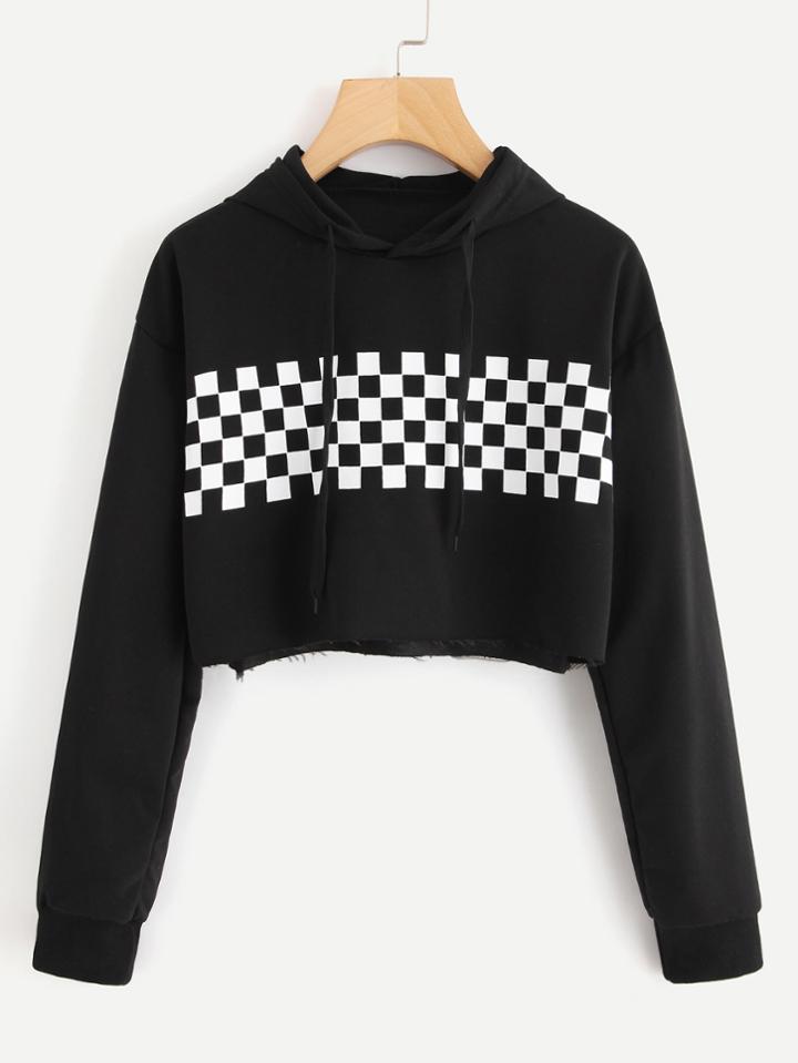 Romwe Gingham Print Raw Hem Crop Hoodie