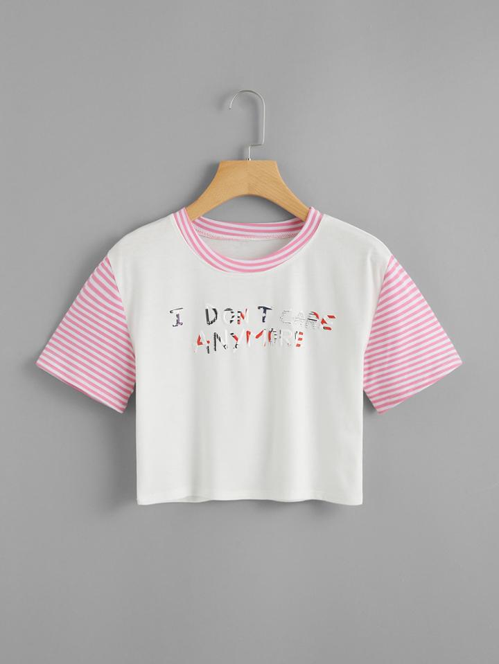 Romwe Striped Sleeve Letter Front Crop Tee